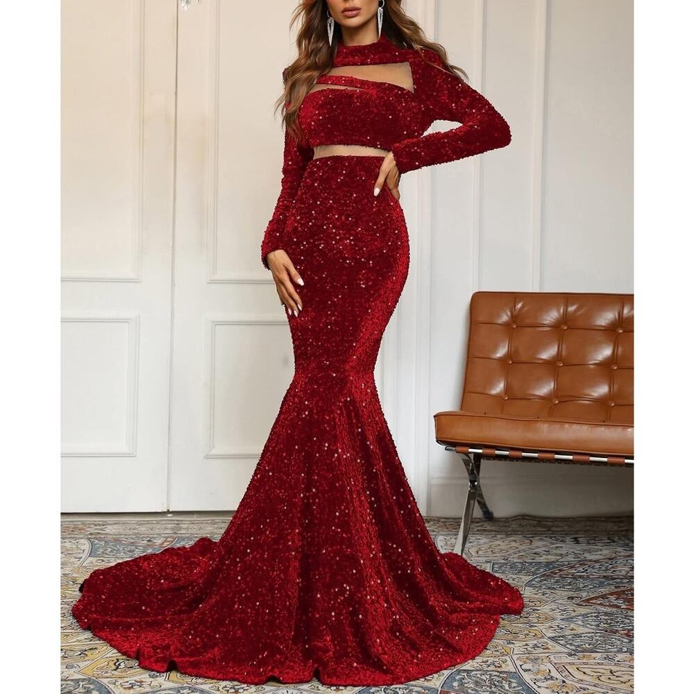 Faeriesty Velour Mesh Cutout Sequin Mermaid Dress Mock Velvet Prom Formal Gown